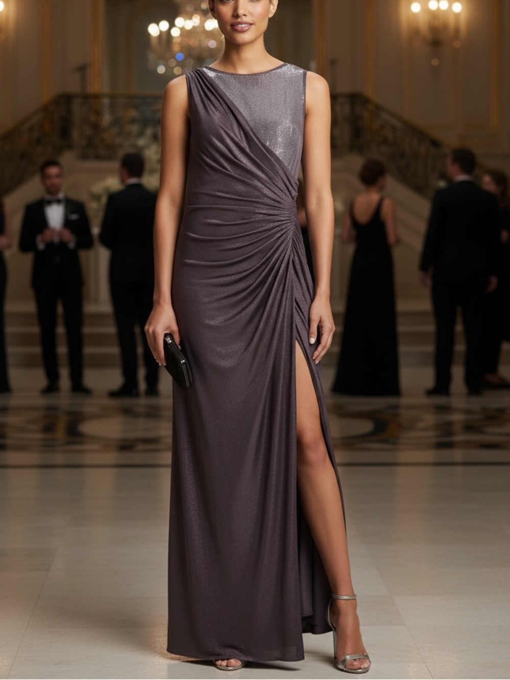 Adrianna Papell Charcoal Sequin Draped Formal Maxi Gown Size 12